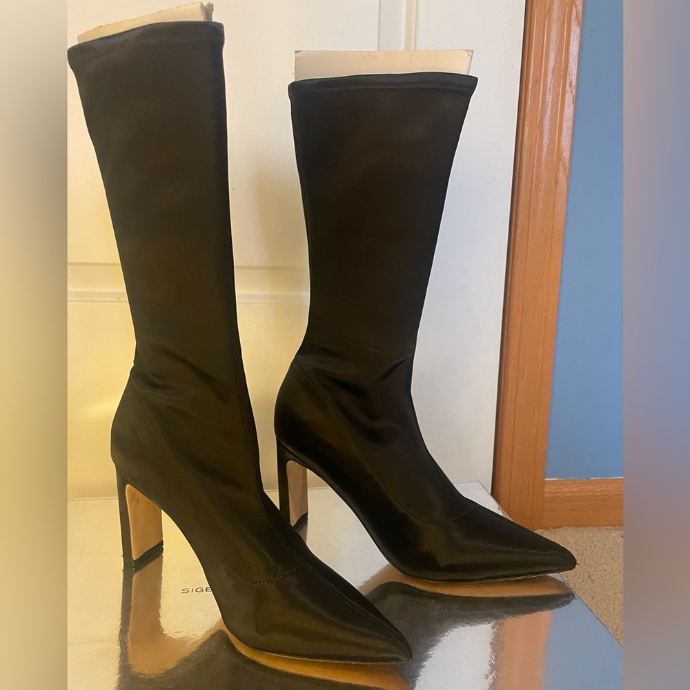 Sigerson Morrison Holly Glove Stretch-Satin Tall Boot. Black pointed toe